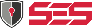 A two-tone grey shield with a red key hole in the center followed by SES in red uppercase letters.