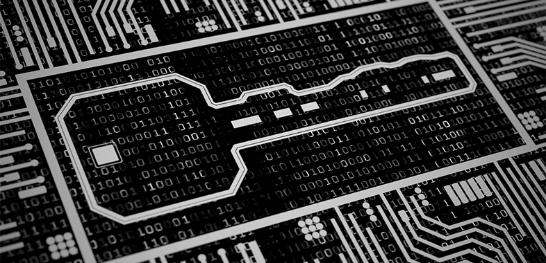 A circuit board with a binary background and the outline of a key in the center.