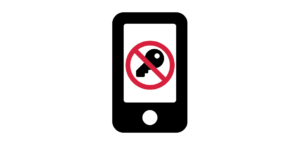 A black cell phone with a black key surrounded by a red circle with a diagonal slash through the key on the screen.